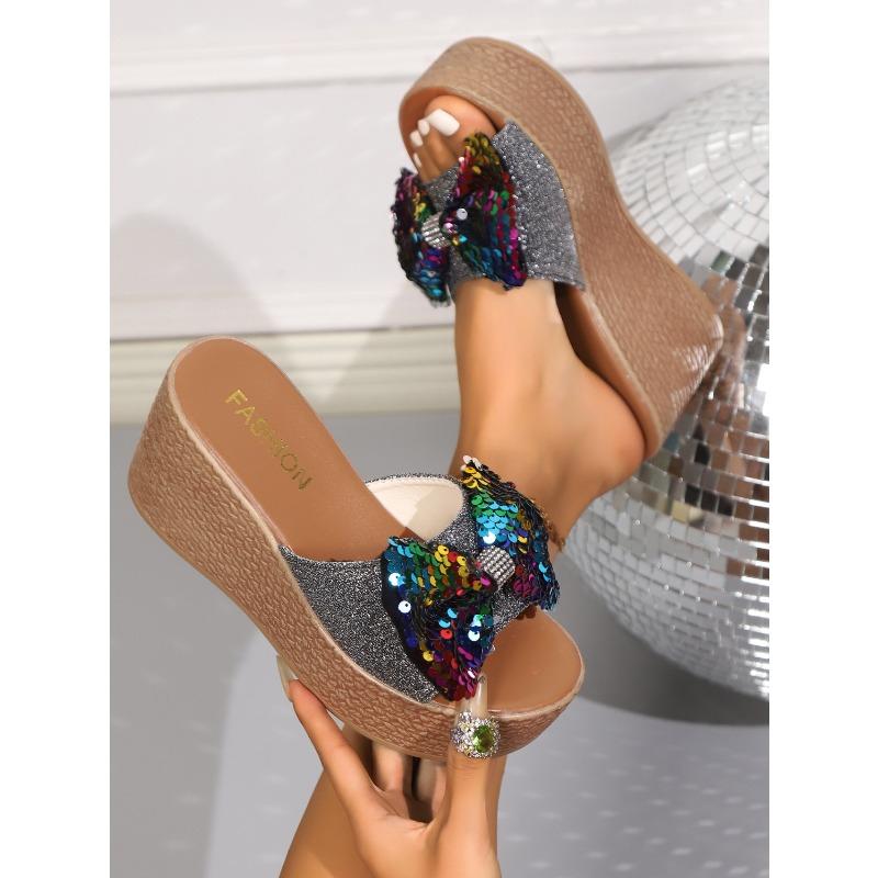 Sequin Bow Platform Sandals for Women 2025 Summer New Arrival Plus Size Thick Sole Strappy Sandals