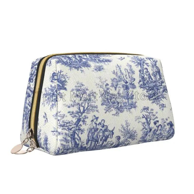 Franse Landelijke Make-uptas Retro Toile De Jouy Leer Reizen Cosmetica Organizer Vrouwen Grote Capaciteit Waterdichte Toiletartikelen Tas