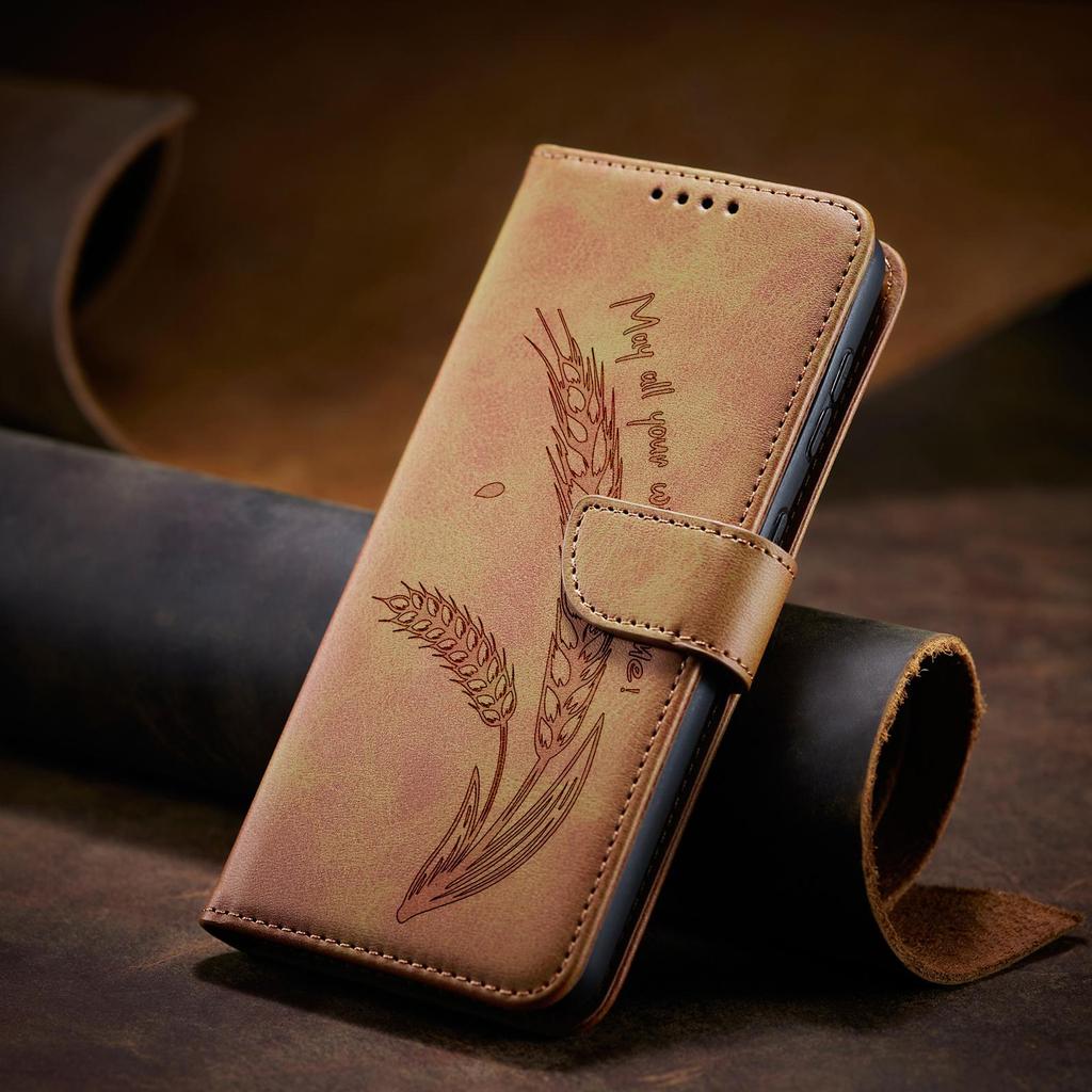 3D Embossed Food Retro Leather Phone Wallet Case Book Stand For iPhone 17 16 Pro Max Samsung Xiaomi 15T Redmi 13 Honor 400 Oppo Card Holder Flip Cover