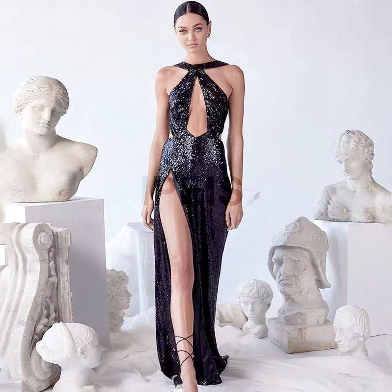 

2023 Sequin Open Back Cutout Sexy Split Dress Split Dress Black XL