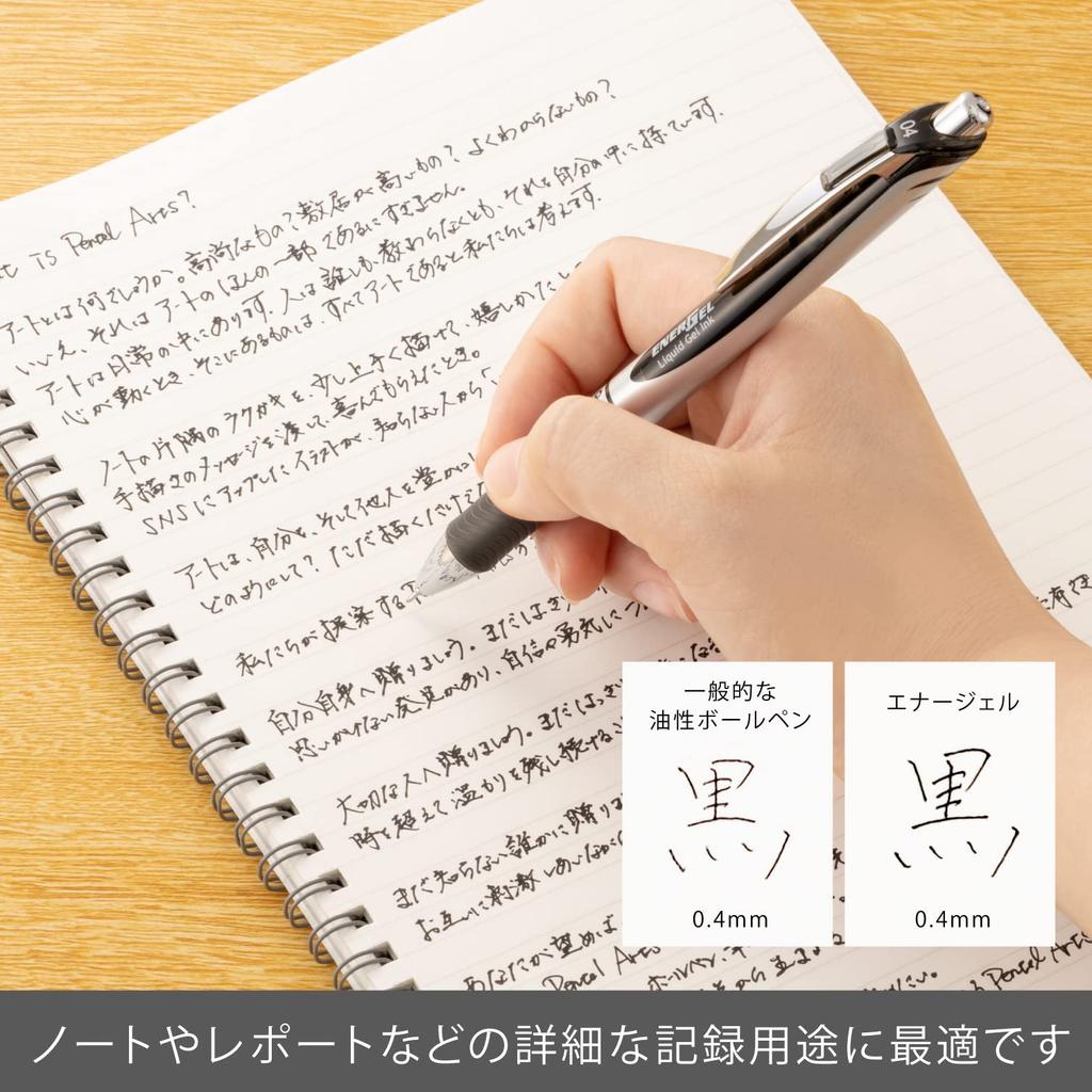 Pentel Energel Gel Ink Ballpoint Knock Silver 5 Pens Pen, Type, 0.4mm, Barrel, XBLN74-A, Black,