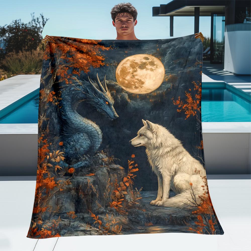 1pc Mysterious Fantasy Wolf & Dragon Flannel Blanket - Dreamlike HD Print, Soft Polyester, All-Season Comfort for Beach, Camping