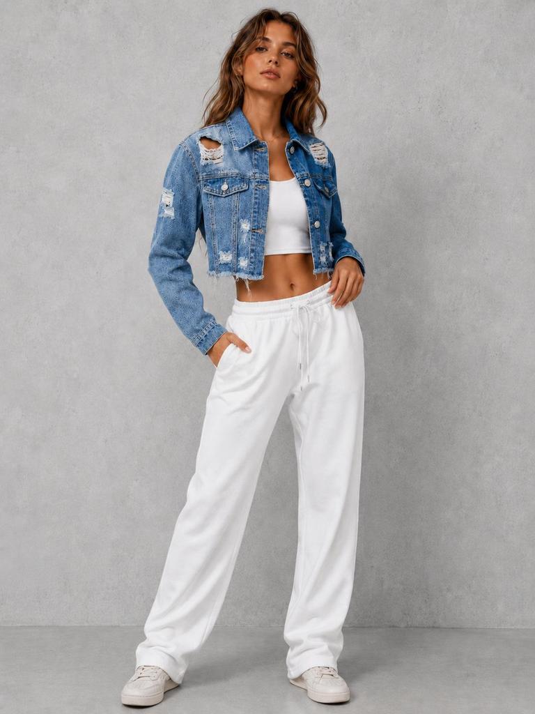 Women's Color Block Ripped Denim Short Jacket - Casual & Elegant with Raw Hem