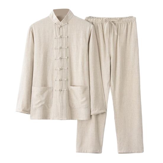 Lässiges zweiteiliges Set für Männer im chinesischen Stil mit Stehkragen, langen Ärmeln und Schnallen