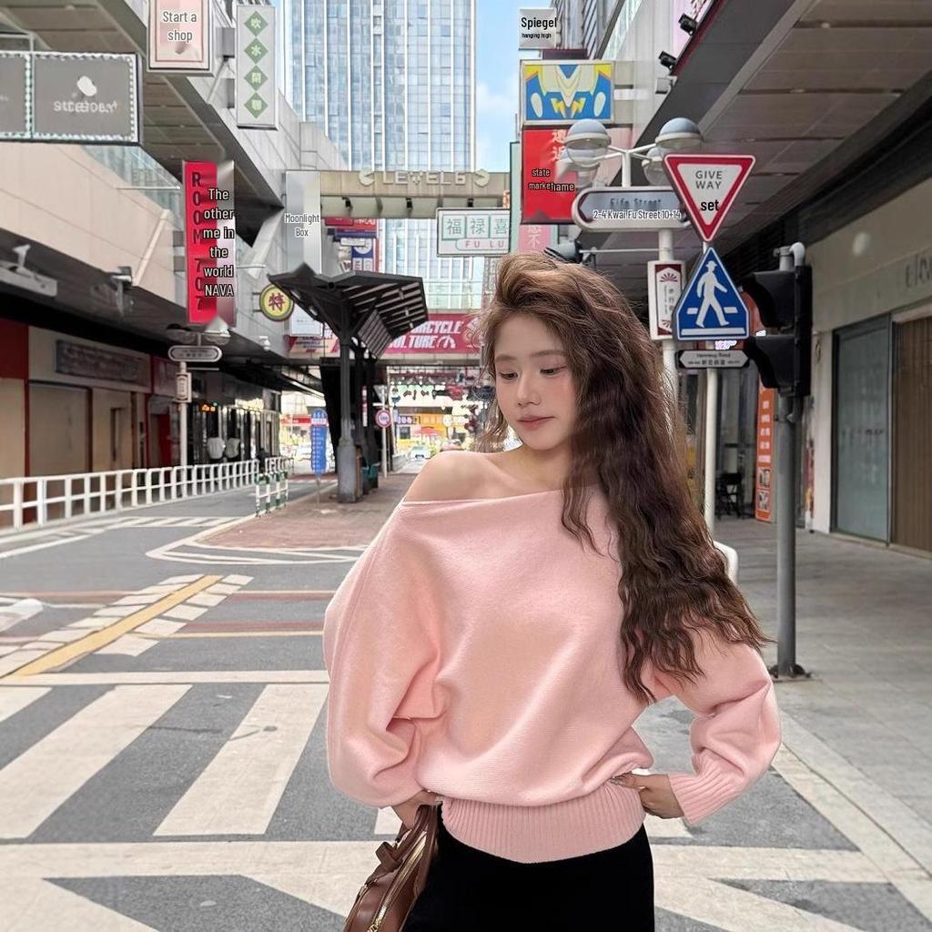 Women's Korean-Style Off-Shoulder Red Knit Sweater, Loose Fit, Autumn & Winter Wear