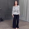 2024 Autumn Women's Casual Print Shirt & Solid Wide-Leg Pants Set
