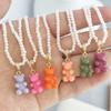 Candy Resin Bear Pendant for Necklace Women Imitation Pearl Chain Beads Choker Link Neon Green Yellow Jewelry Bohemia