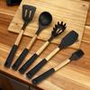 Black Wood Handle Silicone Kitchenware Set: Food-Grade Spatula, Soup Ladle & Cooking Utensils