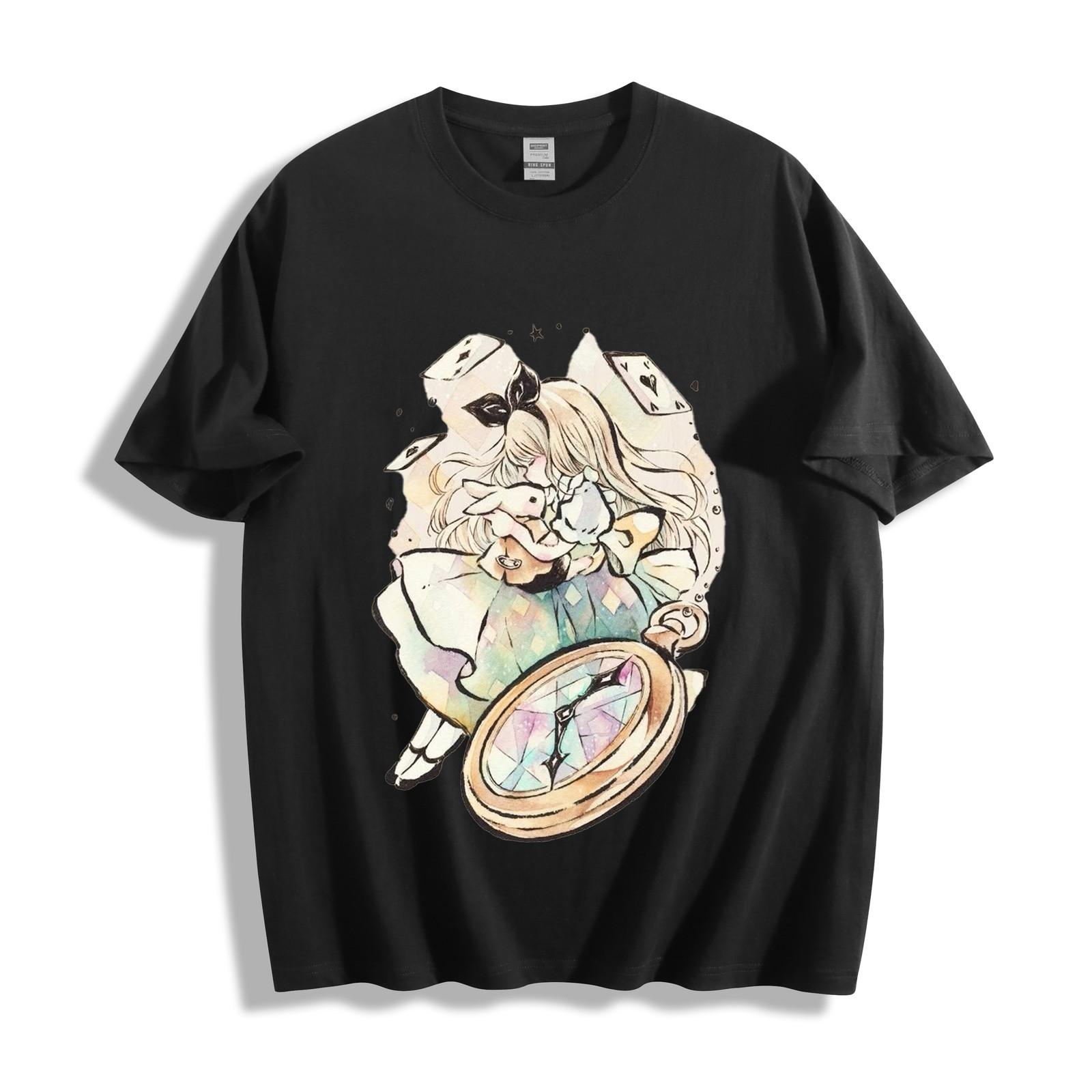 Alice in Wonderland Pocket Watch Tee - Alice Hugging Bunny Clock Fantasy T-Shirt 3XL