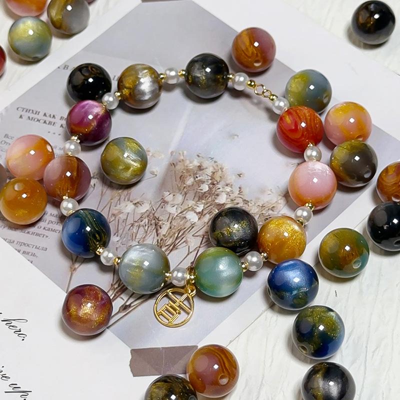 10pcs Dreamy Starry Sky Streamer Smudged Jade Flower Gold Through-hole Round Beads Loose Beads Diy Handmade Beaded Bracelet Jewelry Materials