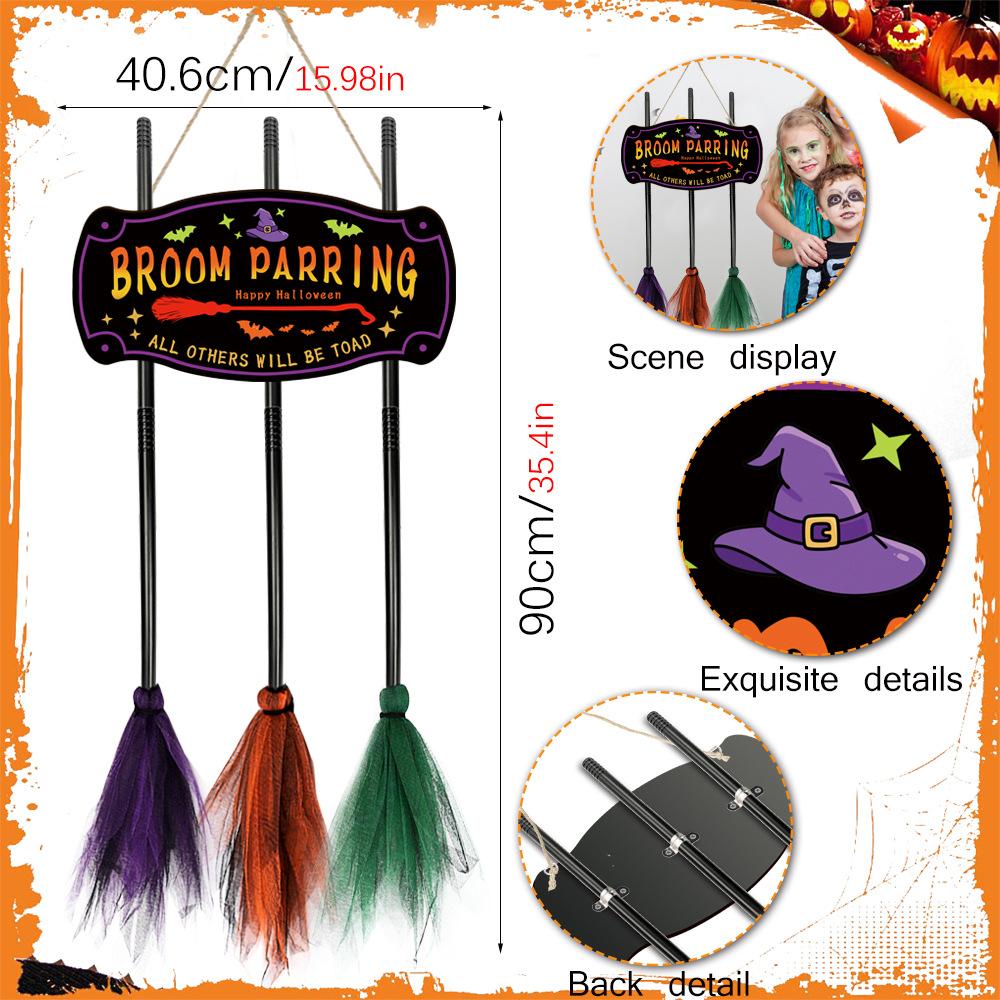 Halloween Decoration Broom Sign 3 Witches Brooms for Front Porch Wall Home Office Indoor Outdoor Wall Halloween Decoration