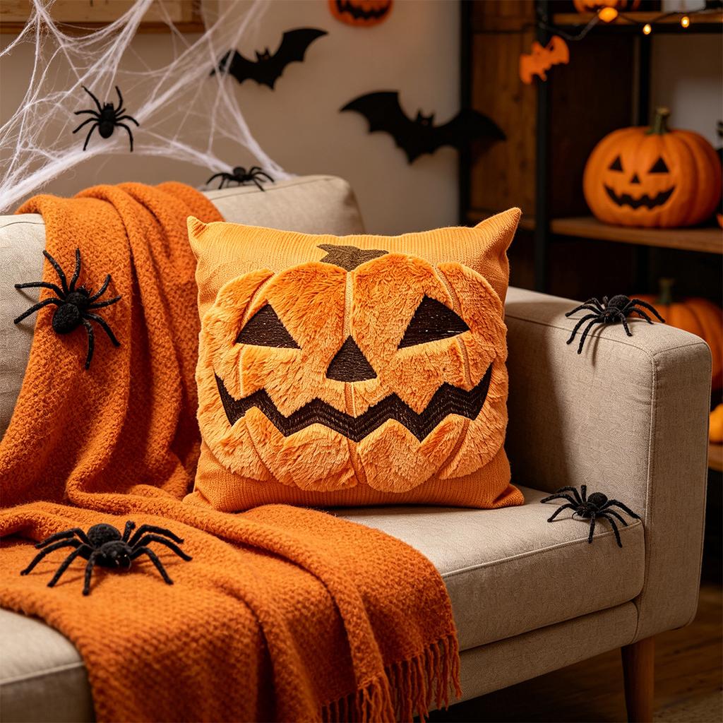 Ghost Pumpkin Plush Faux Fur Pillow Covers Soft Halloween Decor for Sofa Couch Bed Living Room White Orange Pillowcases 45x45CM