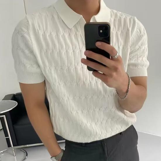 Summer Men Lapel V-neck Knitting Tops Short Sleeve Solid Color Loose Fit
