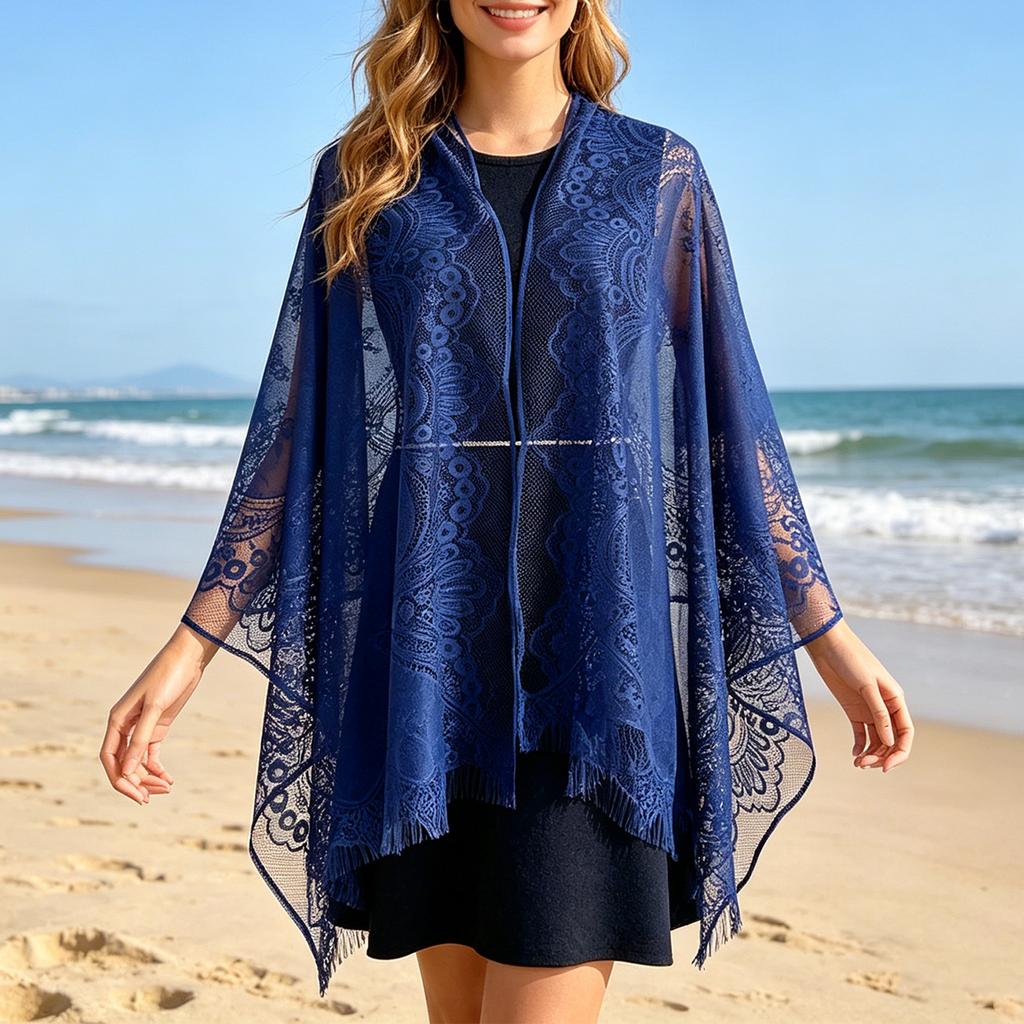 Women's Lace Shawl Fringe Cover Up Hollow Out Sheer Poncho Sun Protection Wrap for Travel Beach Holiday