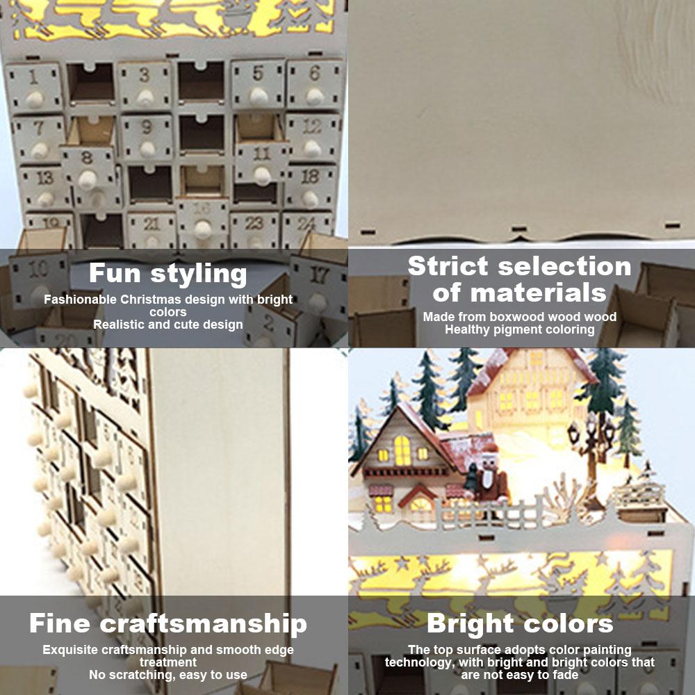 2025 Creations Wooden Christmas Advent Calendar House Shape Calendar Box Xmas Ornament Countdown to Christmas LED Light Calendar