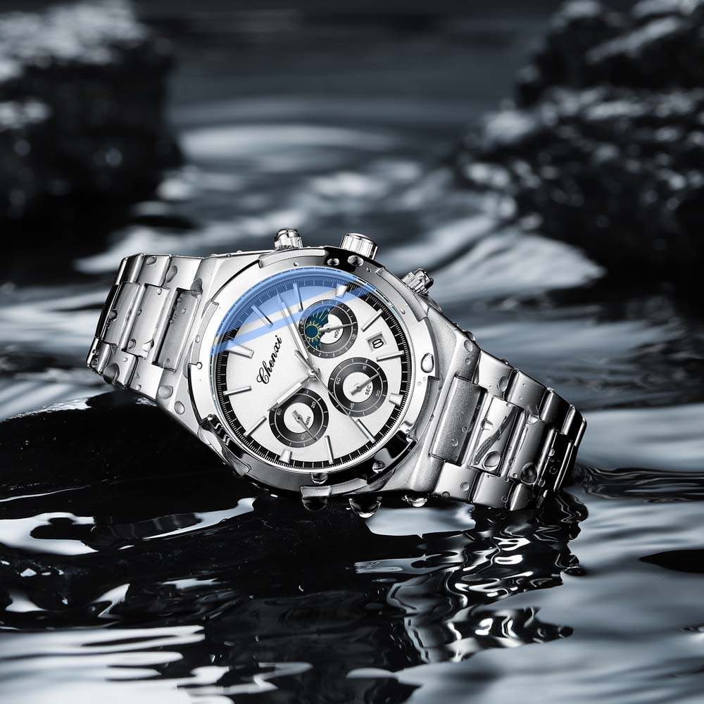 CHENXI Men's Multifunctional Watch with Calendar Moon Phase Chronograph Steel Strap Luminescence Waterproof Reloj Hombre