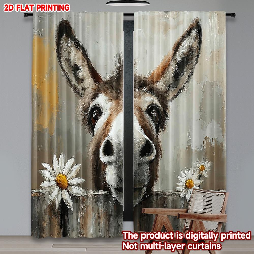 

Flat Printing Happy Valentine Day Party Curtains Cute Donkey Digital Printed Polyester Drapes All Season Set Of 2 Made W100*H70(CM)-Hooks&1PCS