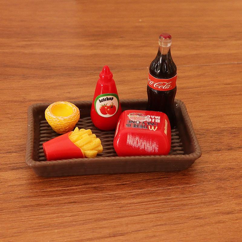 Miniature Dollhouse Food Set: Burger, Cola, Fries, Egg Tart & Plate