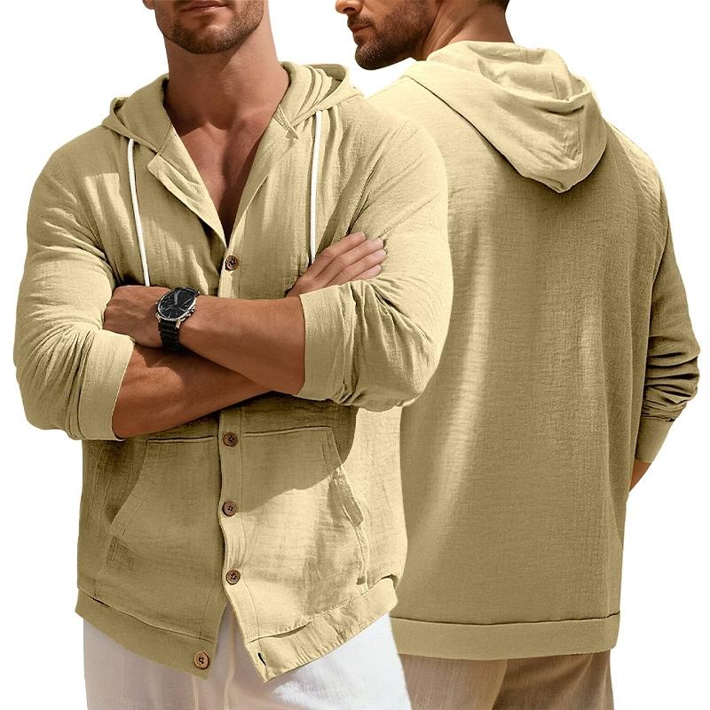 Men's Linen Shirt Solid Streetwear Long Sleeve Hoodie Cardigan Clothing for Men Button Tops Casual Loose Men Hooded Shirt