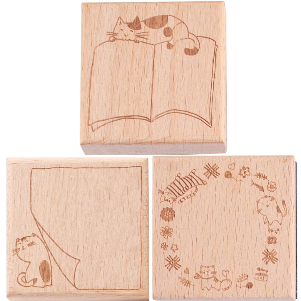 Stamp Set of Cute Teacher Rubber Seal [Suyasuwa] Frame, Square, Cat, 3, Frame, Wooden,