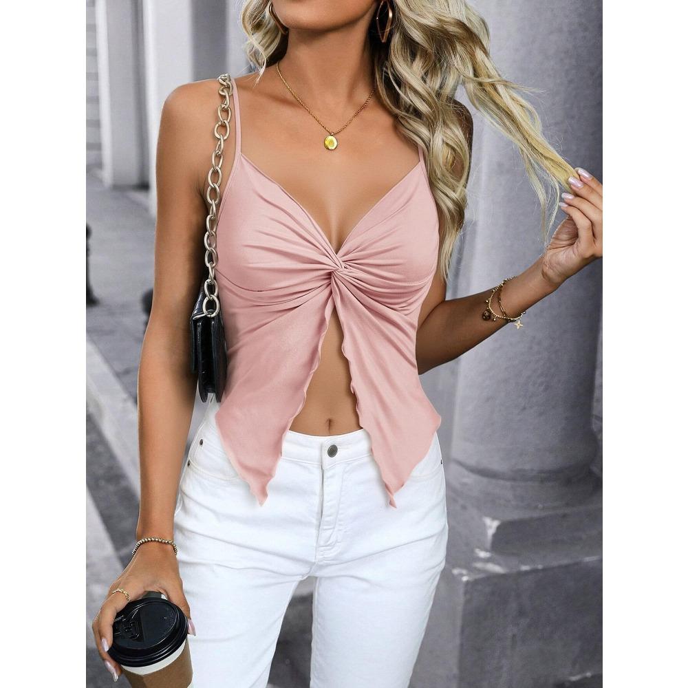 Women's V Neck Thin Spaghetti Strap Front Twist Cutout Ruffle Hem Cropped Camisole Summer Sexy Sleeveless Casual Tank Top