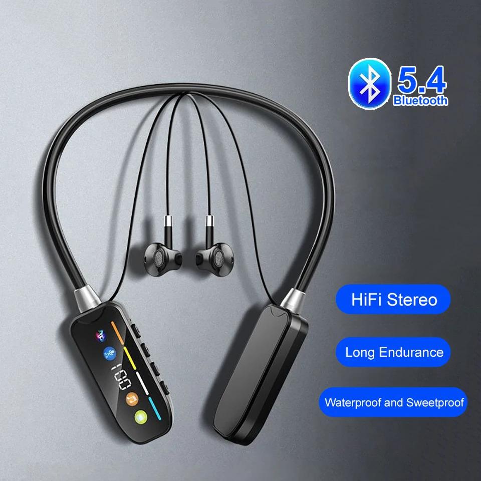 HD Screen Bluetooth 5.4 Headphones Neckband Earphones Wireless Waterproof Headsets HiFi Stereo Earbuds Support TF Card
