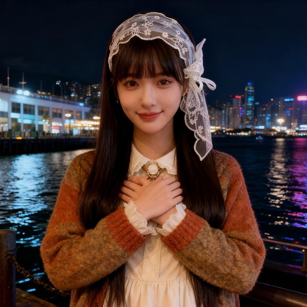 Douyin Lace Bow Headband Long Straight Wig for Girls - Black Full Cover Hairstyle