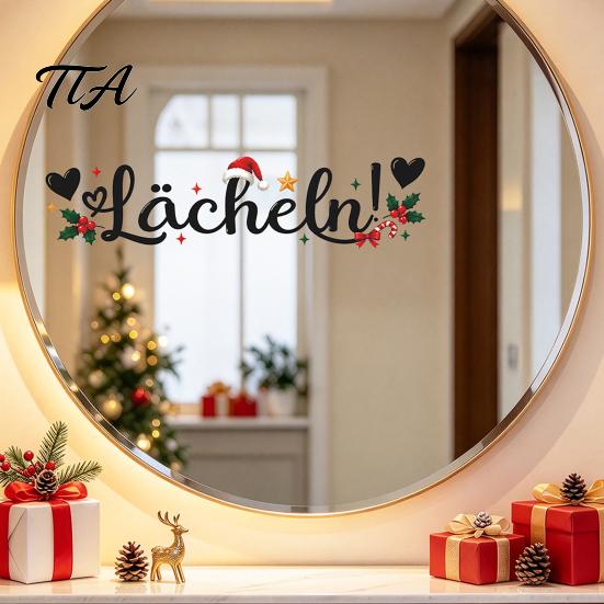 Christmas Mirror Decals for Bathroom Static Glass Sticker Mirror, Decorative PVC Window Decal with Holly Reusable Holiday Accents And Santa