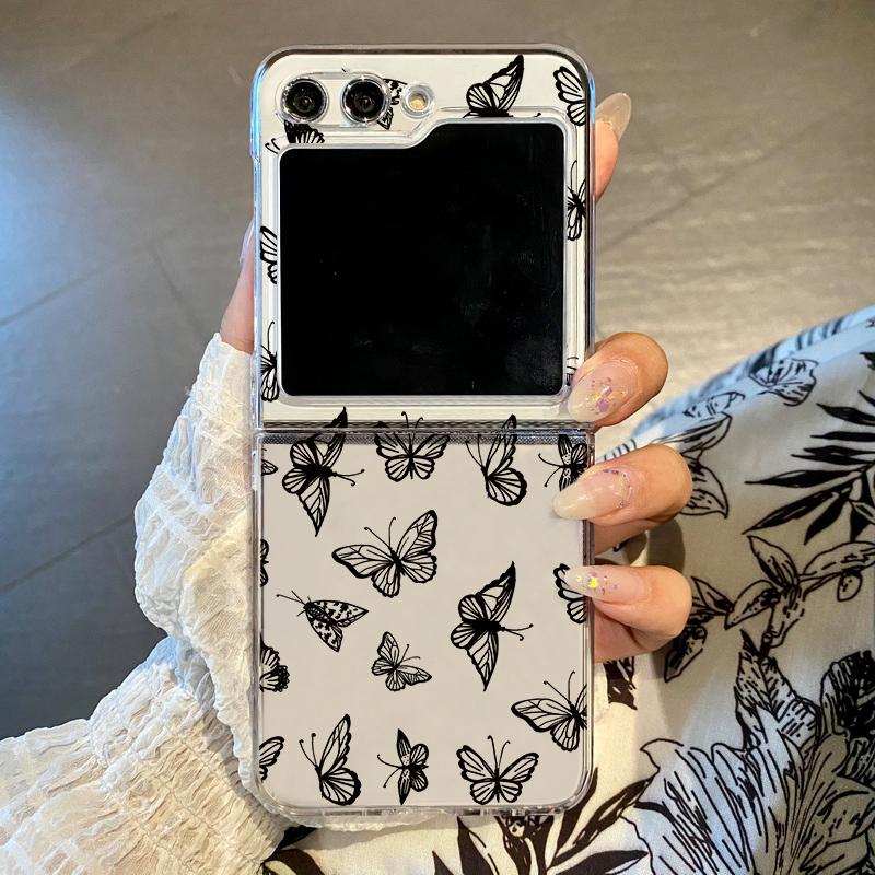 

Для Samsung Z Flip6 Flip5 Flip4 Flip3 чехол красочный цветочный нежный складной ударопрочный жесткий чехол для телефона из ПК Samsung Z Flip5 белый/чёрный