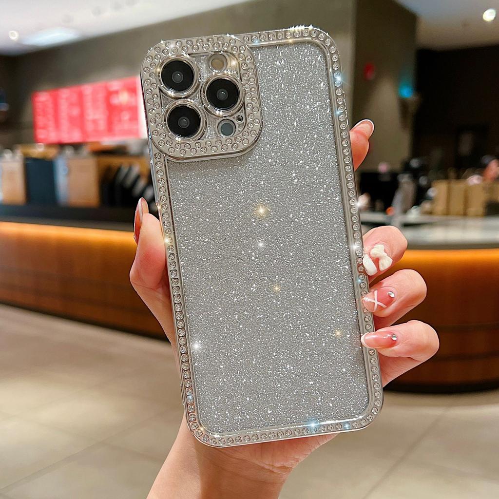 For iPhone 16 Pro Case Glitter Phone Case Rhinestone Decor Electroplating Protective Cover