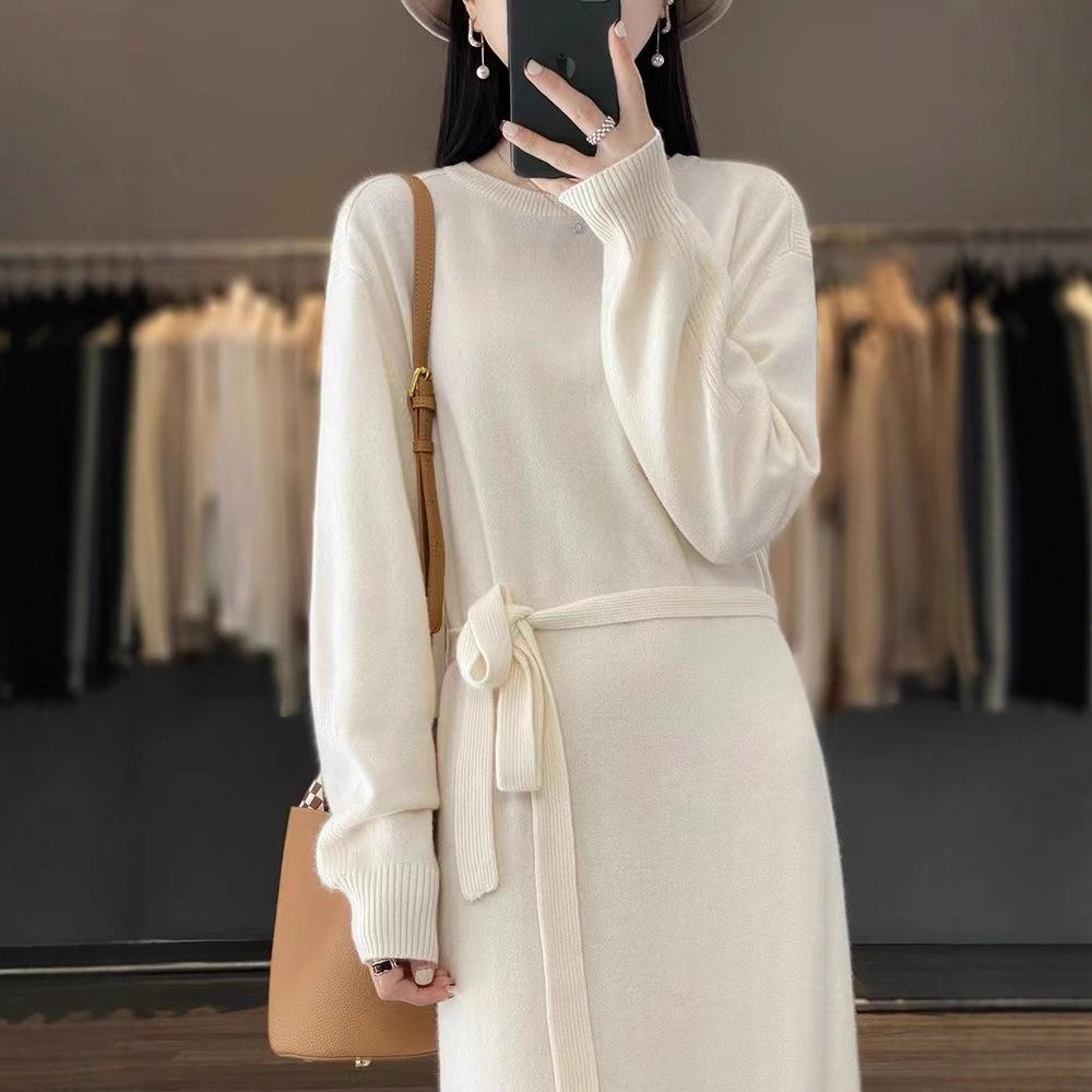 Autumn and Winter New Lace-up Temperament Thin Knitted Dress Women's Fashion Medium and Long Inner Sweater Skirt