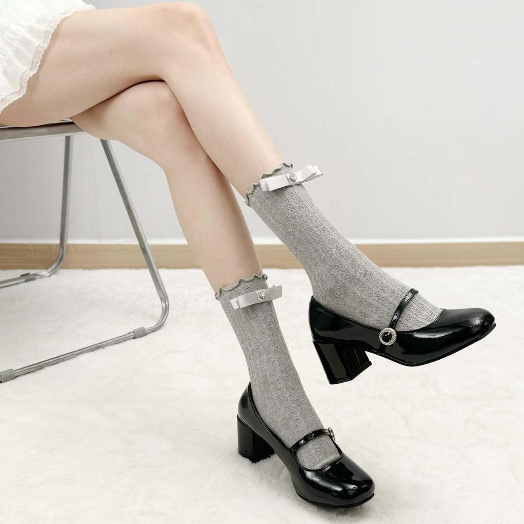 Lolita Lace Frill Mid-Calf Socks with Bow Ribbon - White Ballet Style JK Knee-Highs for Spring & Autumn
