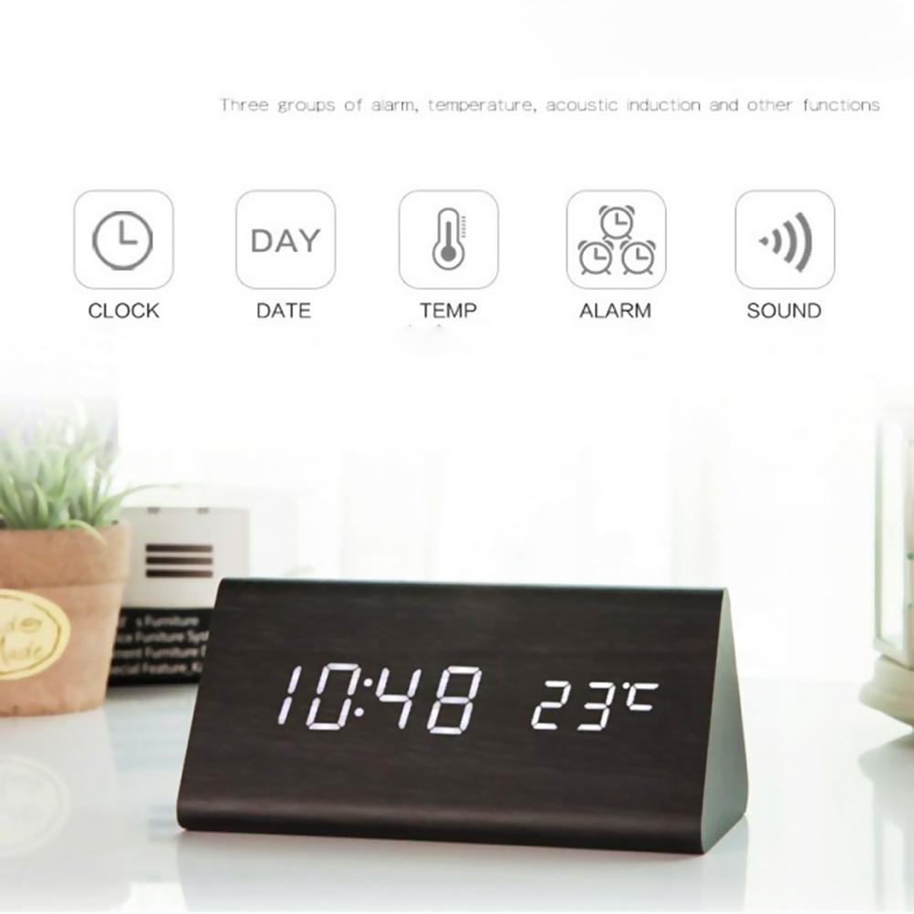 Digital Clock Wooden Electronic LED Time Display Temperature and Humidity Detect Clock for Bedroom