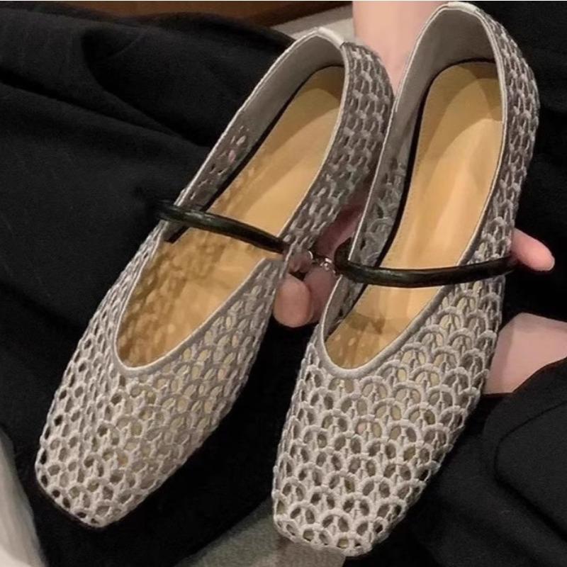 Summer Wear Round Toe Casual and Comfortable Women's Flats Cut-out Mary Jane Single Shoes Vintage Woven Mesh Shoes Female