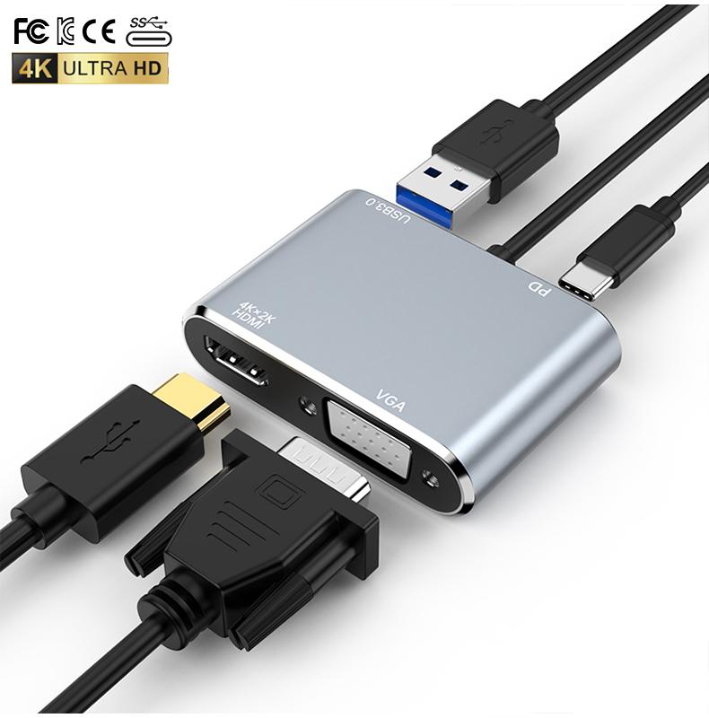 4in1 hdmi Hub High Quality Hub Type C With 4K HDMI VGA USB PD65W Fast Charging Usb 3.0 Hub Multiport Adapter серый
