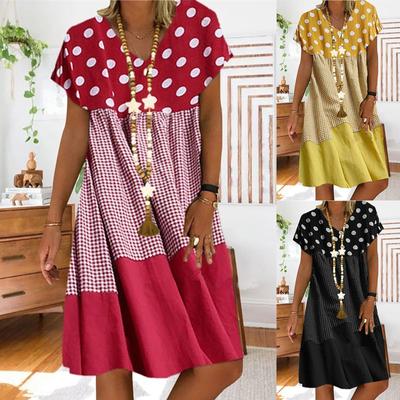 Mode Frauen Lose Plaid Welle Punkt Patchwork V-ausschnitt Kurze Ärmel Kleid