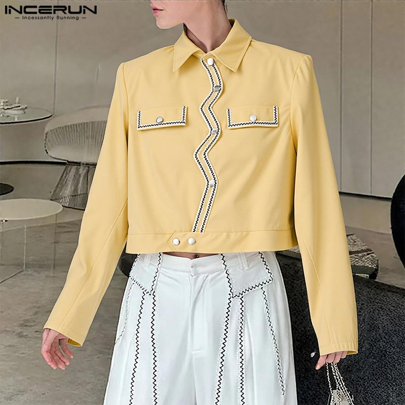 INCERUN Men Long Sleeve Button Texture Hem Stitching Short Coats Jackets