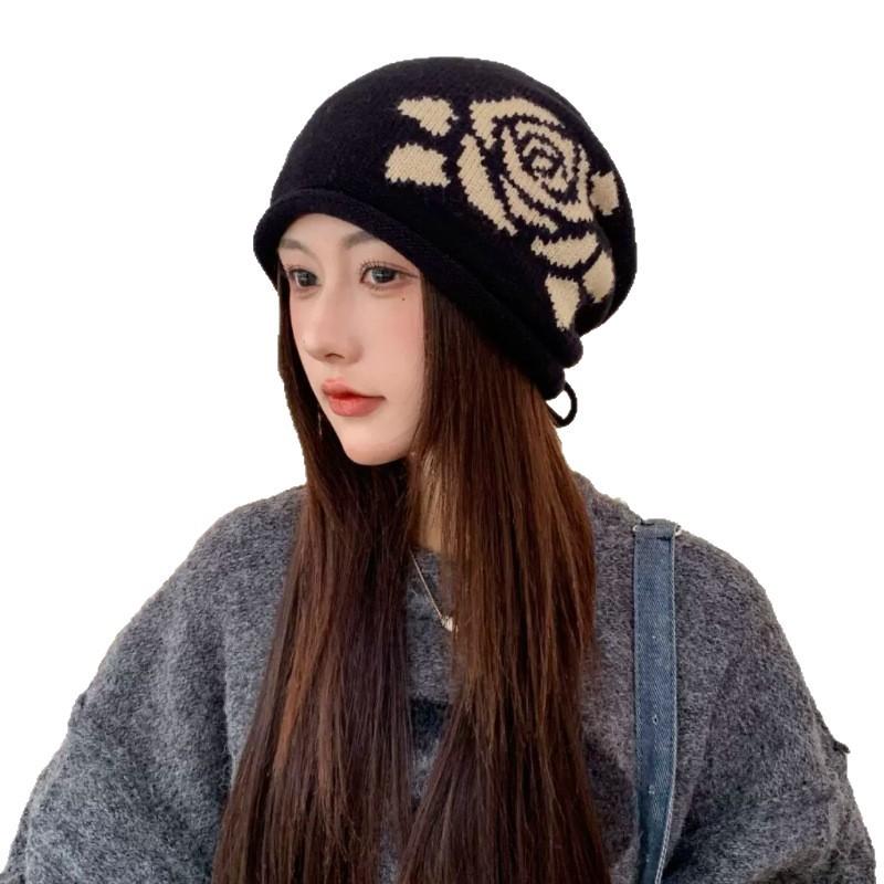 Rose Jacquard Knitted Stacking Hat Children Autumn and Winter Drawstring Versatile Face Small Baotou Hat Warm Ear Protector Cold Hat