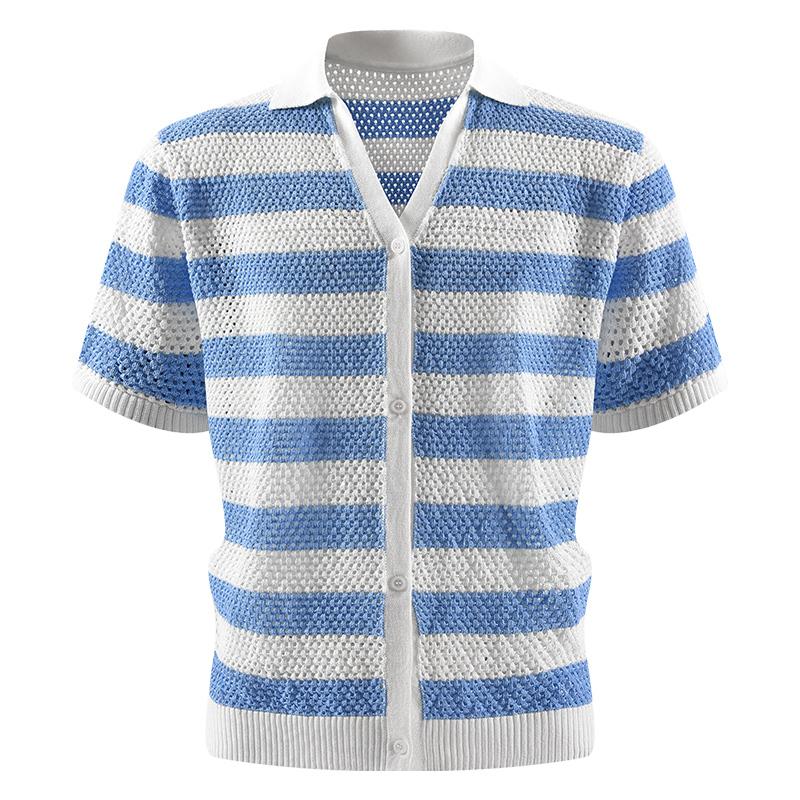 Men s Blue White Striped Hollow Knit Short Sleeve Button Up Shirt S синий