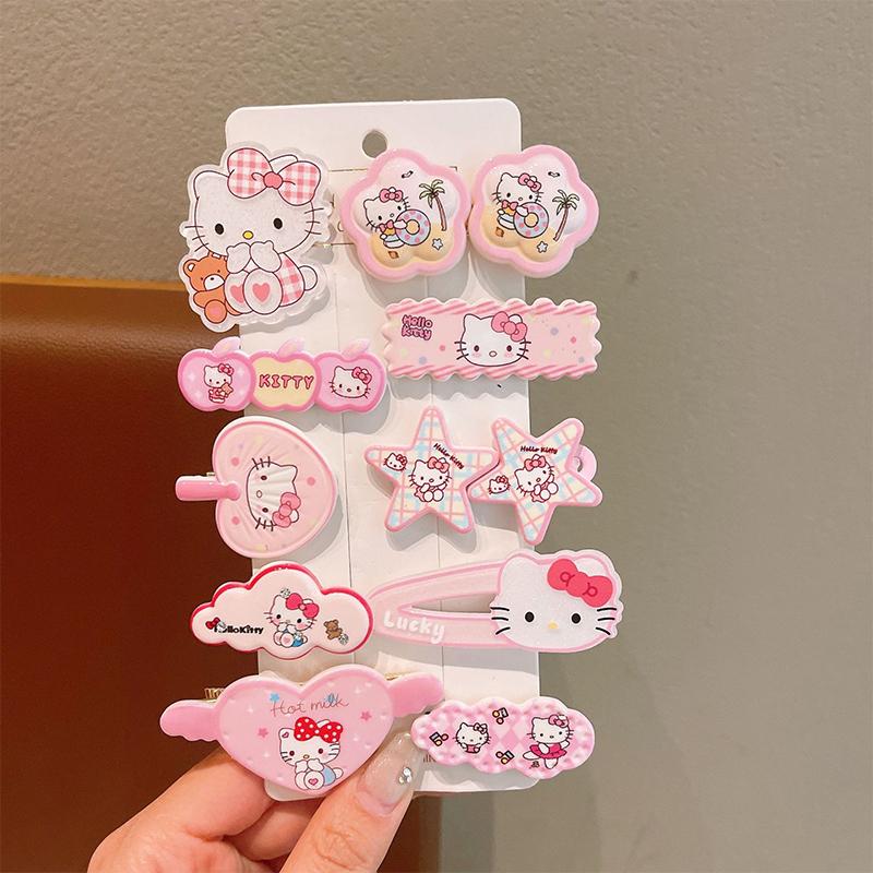 10Pcs Hellokitty Cute Headwear Children'S Acrylic Hair Clip For Girls Kuromi Forehead Hair Clip Melody Bangs Clips