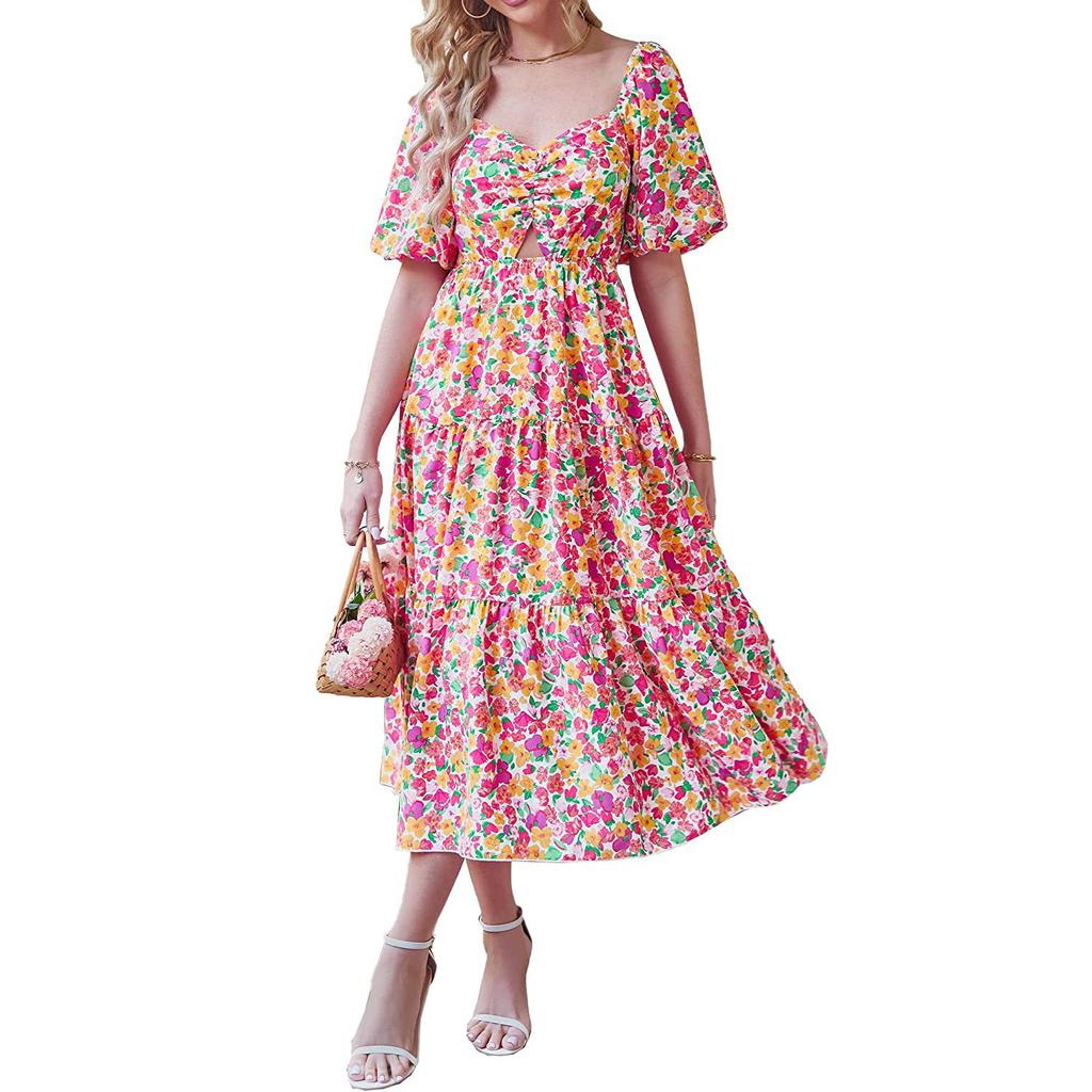 Women's Fashion Floral Square Collar High Waist Hollow Bubble Short-sleeved Back Pleated Printed Dress