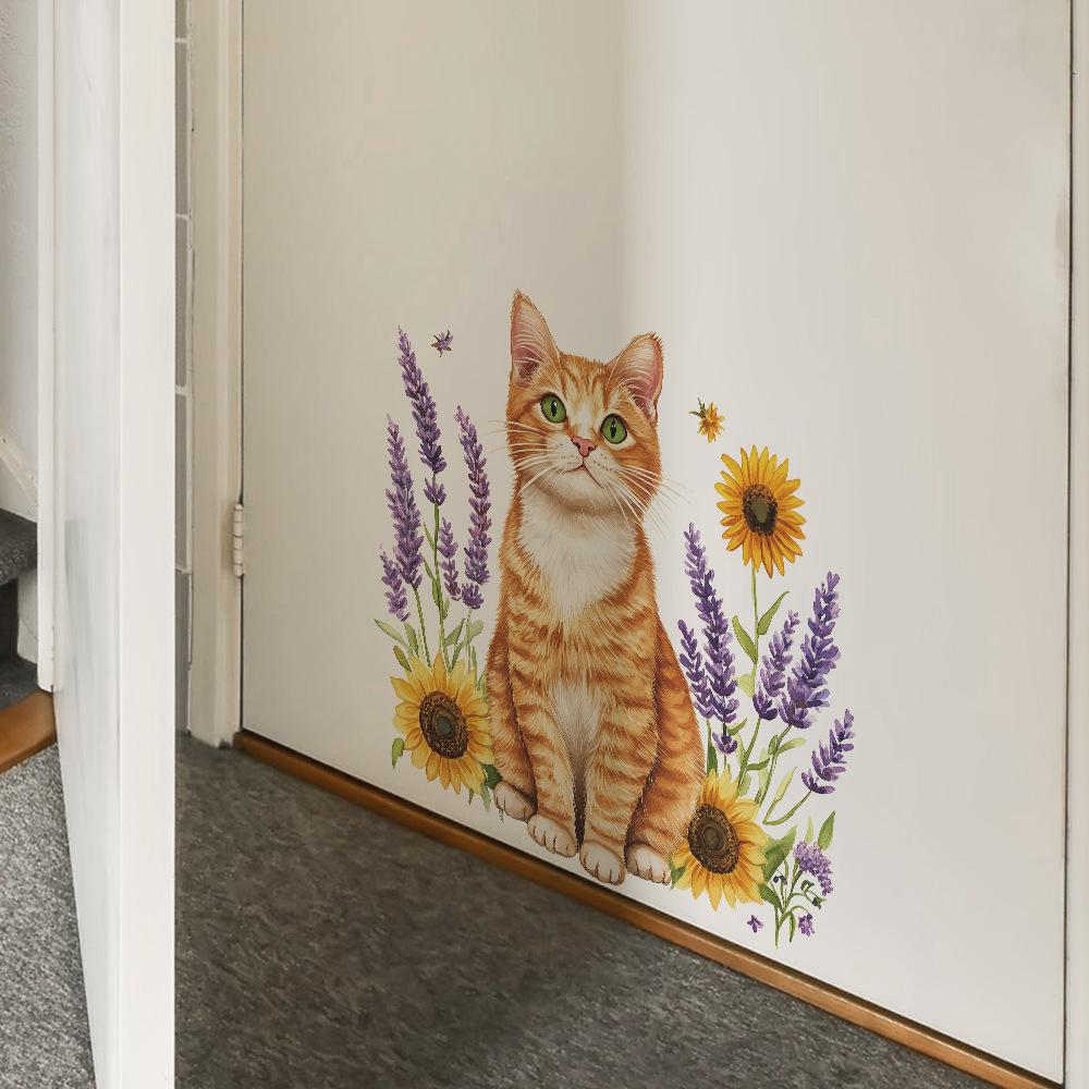Cartoon Orange Cat Sunflower Lavender Bedroom Living Room Entrance Hall Home Beautification Wall Stickers