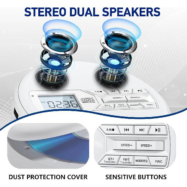 Rechargeable Portable CD Player with Dual Speakers and Anti Skip,Dual Bluetooth,FM Transmission,USB,AUX,LCD Display,Sensitive Button,Repeat,10 Speeds
