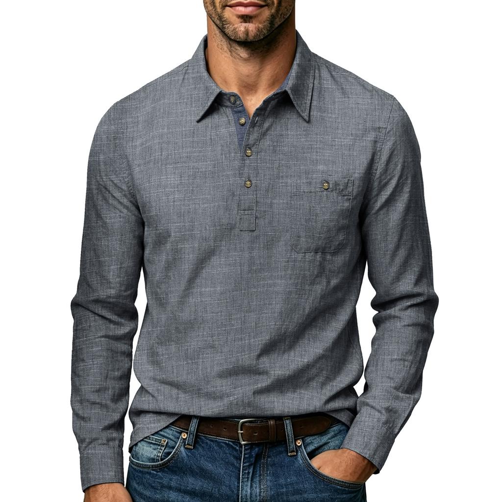 Men's Casual Long Sleeve Button-Down Collar Pullover Shirt with Pocket, Cotton-Linen for Everyday Wear