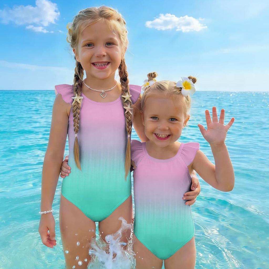 Girls One Piece Swimsuit Gradient Print Sleeveless Ruffle Shoulder Swimwear Summer Beachwear Kids Bathing Suit