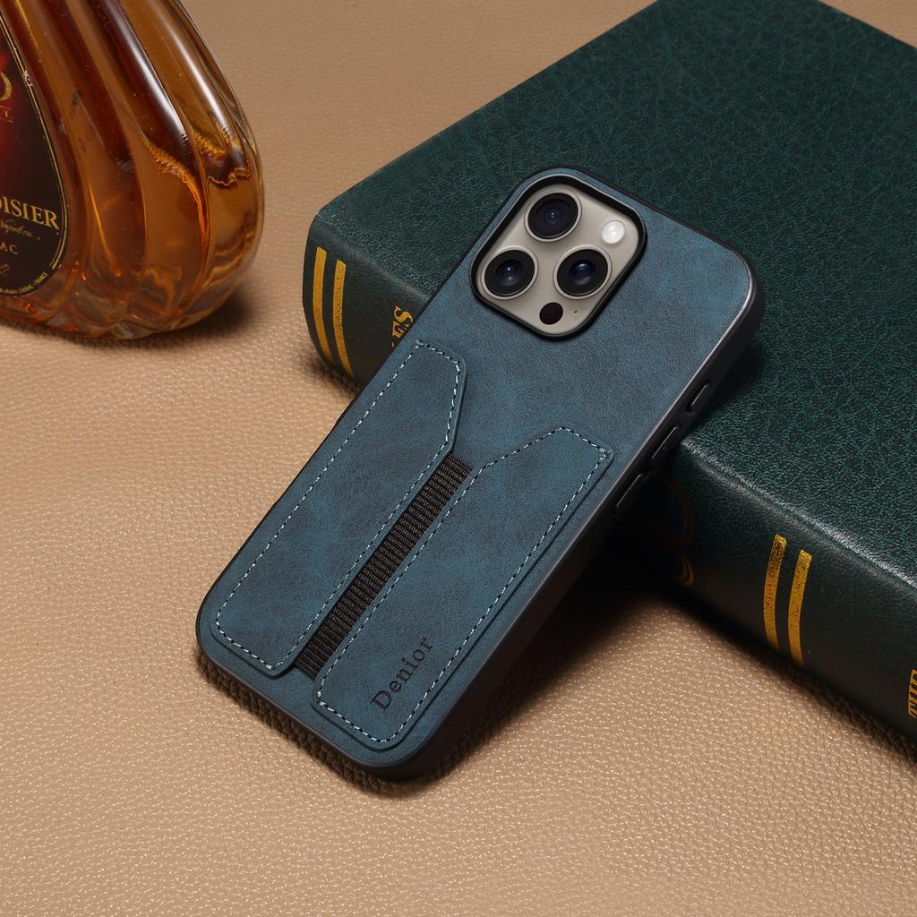 DENIOR For iPhone 16 Pro Max Case Elastic Card Holder PU Leather+TPU+PC Phone Cover