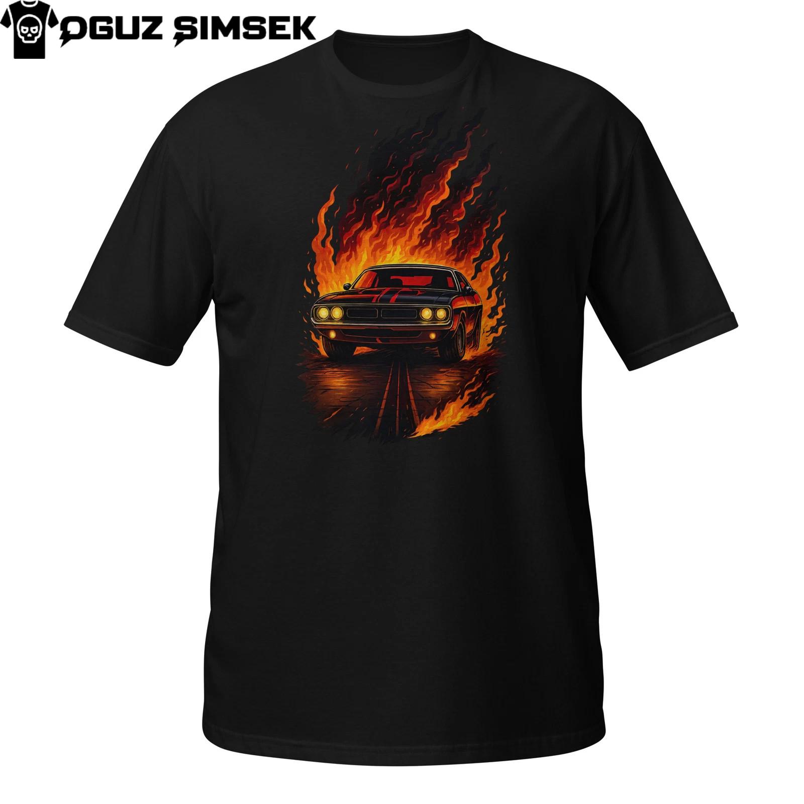 Flaming Muscle Car T-Shirt Mens Womens Tees Top | Hot Rod Fire Trail Tee | Classic American Street L