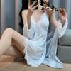 Women's Ice Silk Pajamas: Sexy Lace-Trim Nightgown with Silver Butterfly Robe & Chest Pads