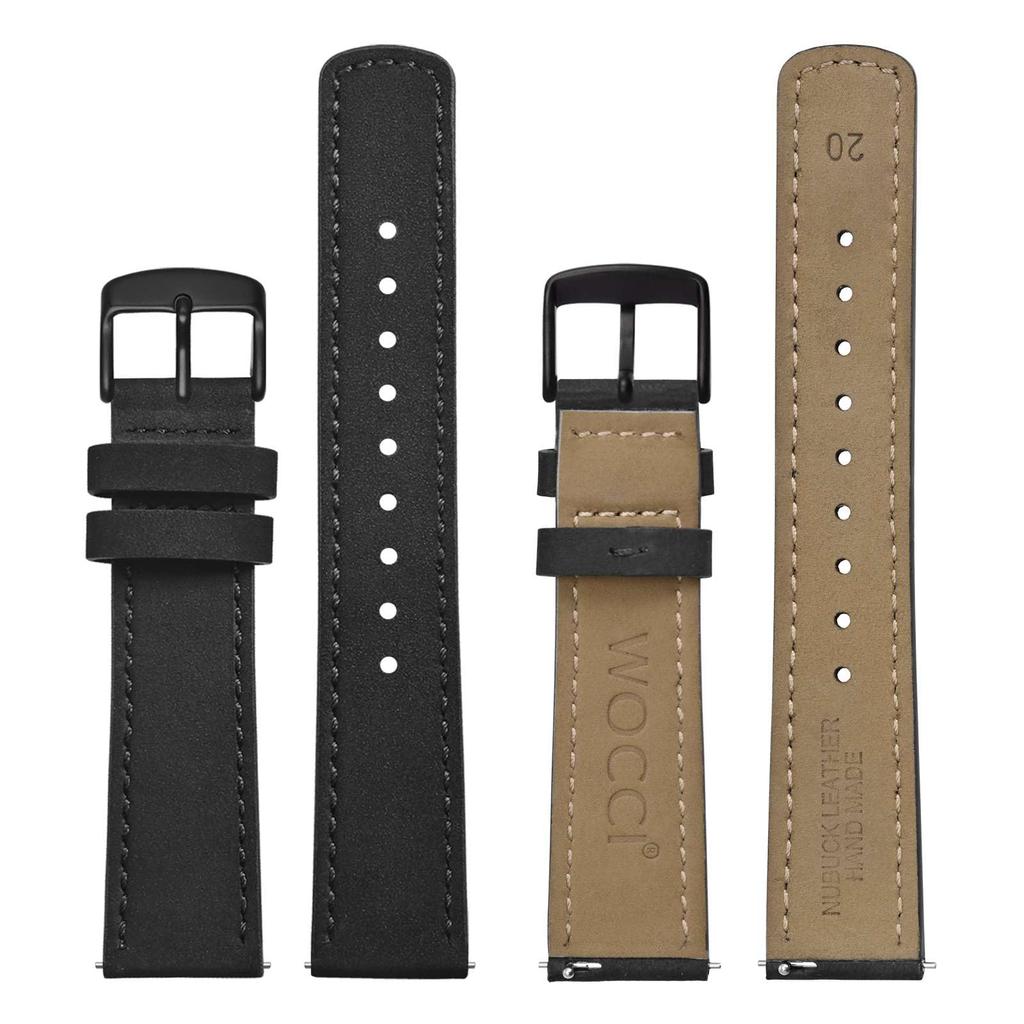 WOCCI Quick Release Leather Watch Strap, 18mm Nubuck Watch Band, Black with Black Buckle