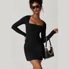 Womens Square Neck Bodice Dress Long Sleeve Side Slit Flare Mini Dresses